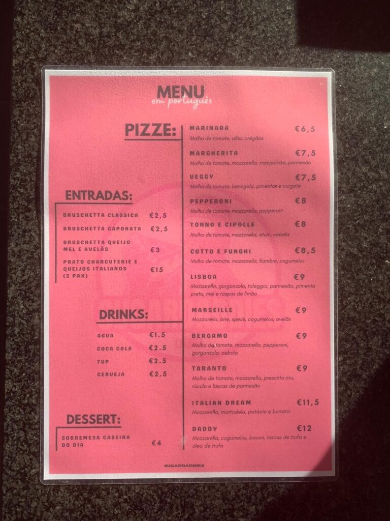 menu Sugardaddies Lisbona pizzeria